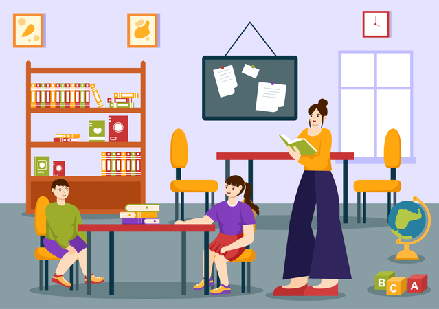 Teacher and student in classroom  イラスト