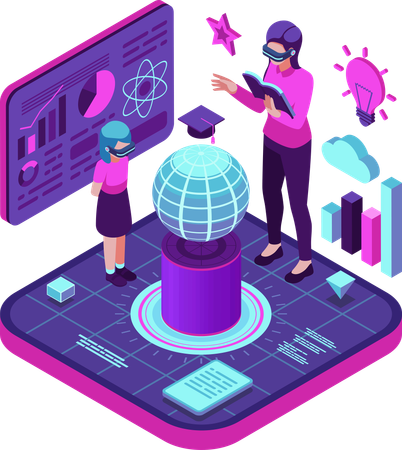 Teacher and Student in Virtual Metaverse Classroom  Illustration