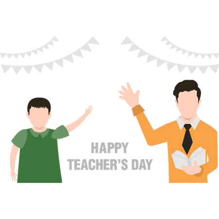 Teacher and student waving to each other Illustration
