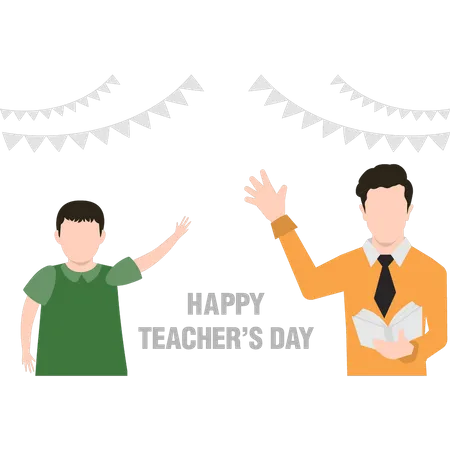 Teacher and student waving to each other Illustration