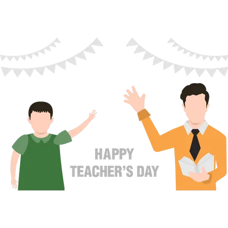 Teacher and student waving to each other  Illustration