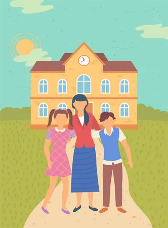 I Love You School Female Teacher With Students Standing In Front Of Educational Institution Building Boy And Girl With Pedagogue Vector Illustration Back To School Concept Flat Cartoon Illustration