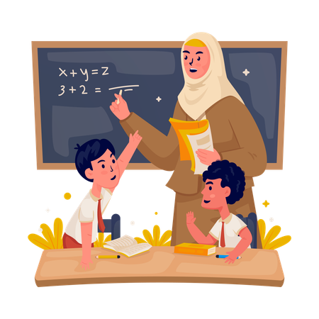 Teacher and students with math learning in class  Illustration