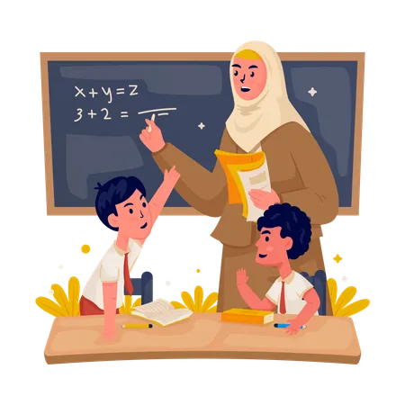 Teacher and students with math learning in class  Illustration