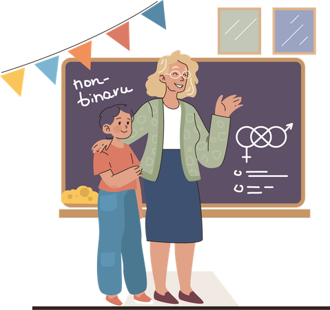 Teacher appreciation  non binary student in front of classroom  Illustration