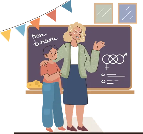 Teacher appreciation  non binary student in front of classroom  Illustration