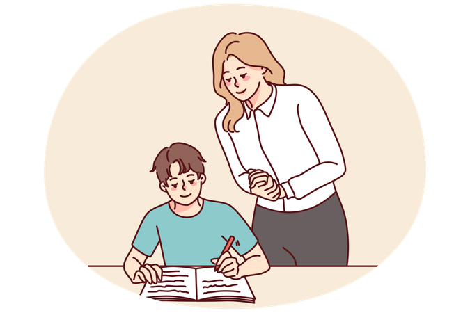 Teacher control pupil writing in notebook  Illustration