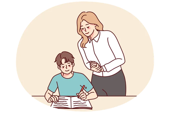 Teacher control pupil writing in notebook  Illustration