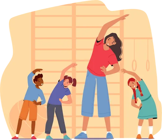 Teacher Doing with Kids Exercises in Preschool  Illustration