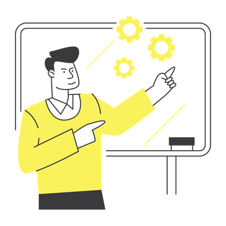 Teacher Explaining Concepts with Gears on Whiteboard  Illustration