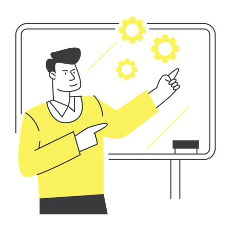 Teacher Explaining Concepts with Gears on Whiteboard  Illustration