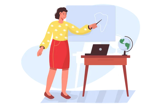 School Teacher Concept In Flat Design Happy Woman Tutor With Pointer Showing To Map On Blackboard Teacher Explaining Geography Lesson In Classroom Vector Illustration With People Scene For Web Illustration