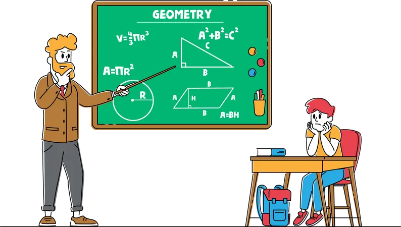 Education Back To School Concept Little Boring Schoolboy Character Sitting At Desk With Textbook In Front Of Blackboard With Teacher Explaining Geometry Lesson Linear People Vector Illustration Illustration