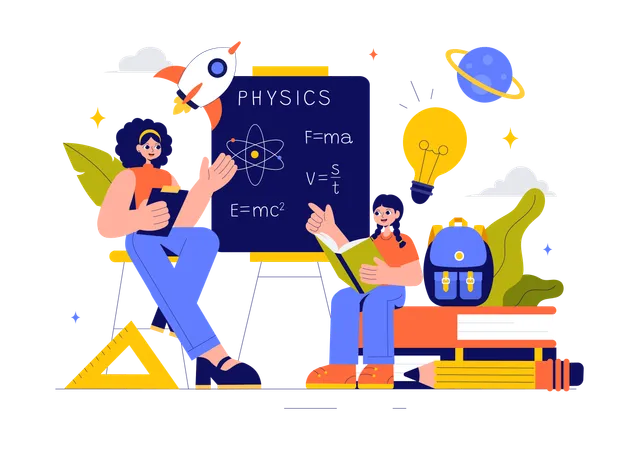 Teacher explaining physics formula to student  Illustration