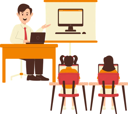 Teacher explaining students through online tutorial  Illustration