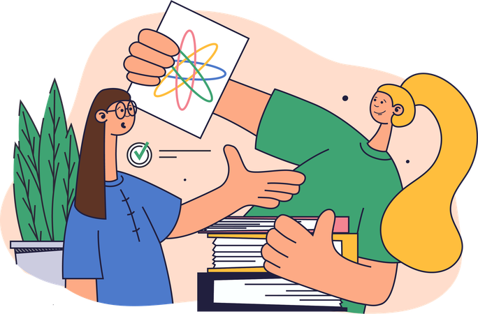 Teacher explains atomic model to student  Illustration
