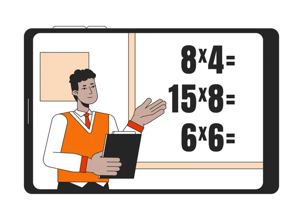 교사는 수학 플랫 라인 개념 벡터 지점 그림을 설명합니다 남자는 웹 UI 디자인을 위해 흰색 칠판 2 D 만화 윤곽선 문자로 수학 연습을 보여줍니다 편집 가능한 고립된 다채로운 영웅 이미지 일러스트레이션