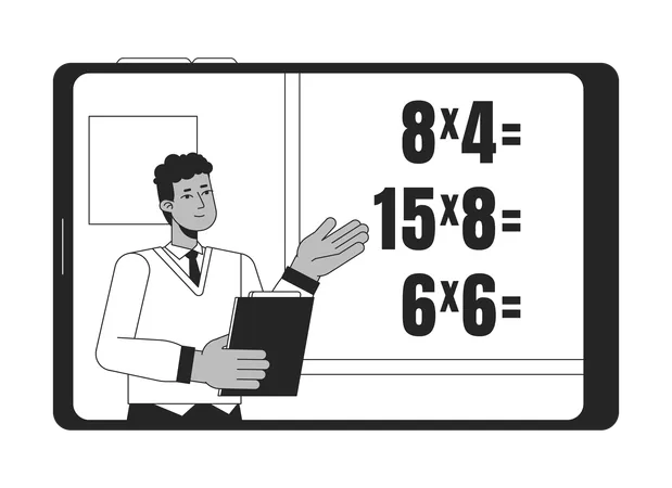 교사는 수학 Bw 개념 벡터 지점 그림을 설명합니다 남자는 웹 UI 디자인을 위한 칠판 2 D 만화 플랫 라인 단색 문자로 수학 연습을 보여줍니다 일러스트레이션