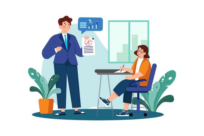 Teacher grades papers and provides feedback to students  イラスト
