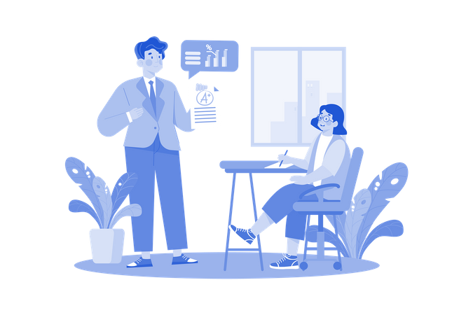 Teacher grades papers and provides feedback to students  イラスト