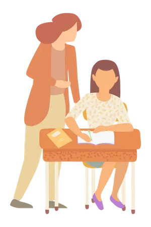 Teacher guiding schoolgirl with learning  Illustration