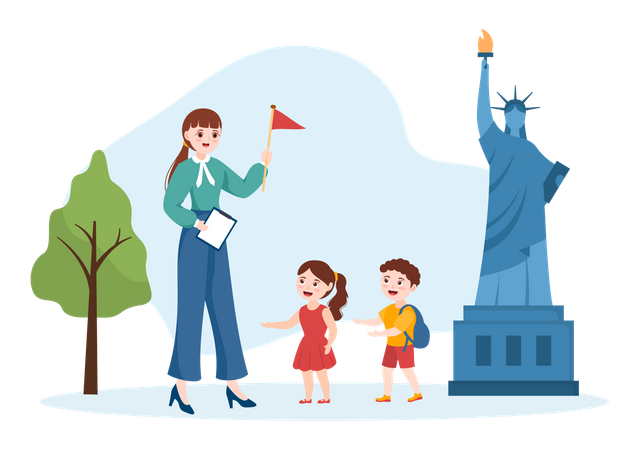 Teacher guiding students at statue of liberty Illustration