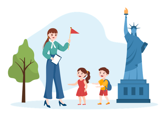 Teacher guiding students at statue of liberty  Illustration