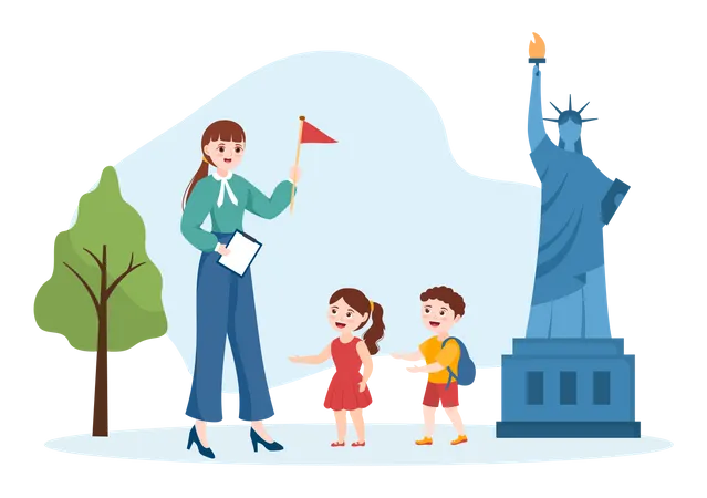 Teacher guiding students at statue of liberty  Illustration