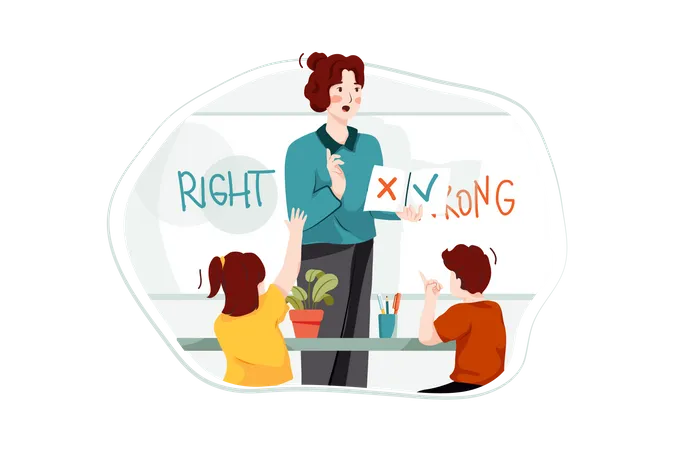 Teacher Guiding His Students About Wrong Or Right Work In School Illustration