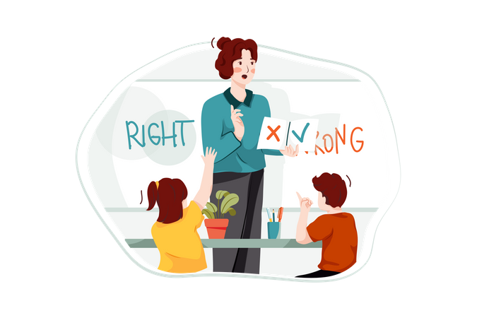 Teacher Guiding students wrong or right  Illustration