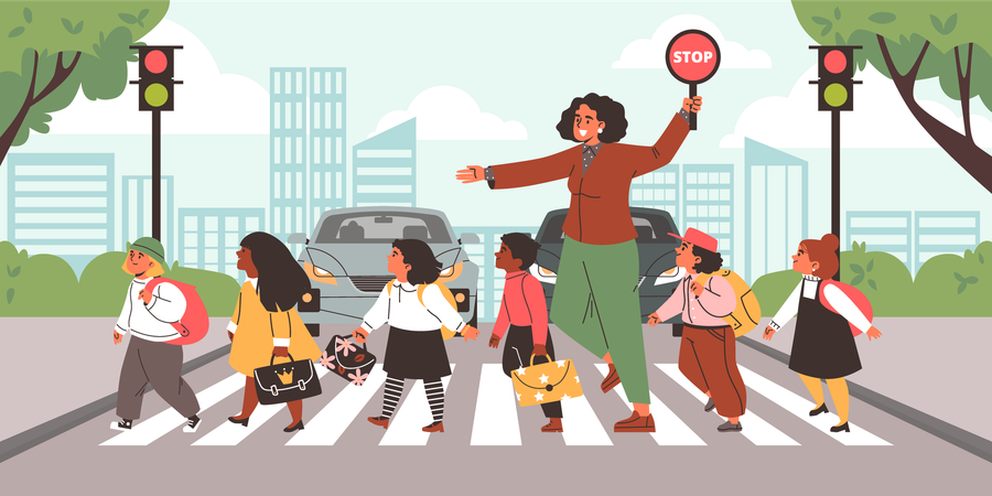 Teacher holding road sign stop and school kids cross the street by crosswalk  Illustration