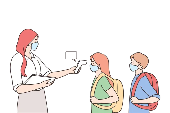 Teacher is doing eye scanning of students before entering them in class  イラスト