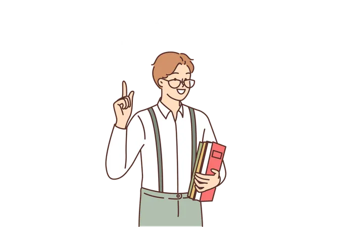 Man Inventor Invented Solution To Business Problem Points Finger At Gears With Question And Exclamation Marks Inventor Guy With Books In Hands Announces New Idea To Improve Productivity Illustration