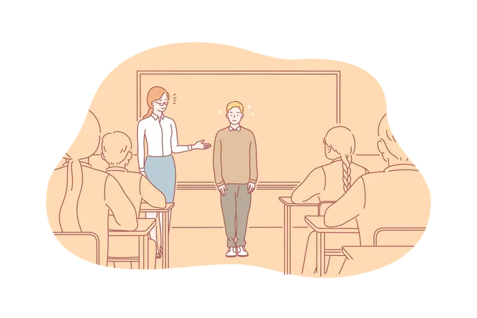 Good Mark Or Behavior Honours Pupil Concept Young Woman Introduces New Pupil To His Classmates In School Hardworking Boy Is Happy To Be Praised For Good Marks Or Behavior Simple Flat Vector Illustration