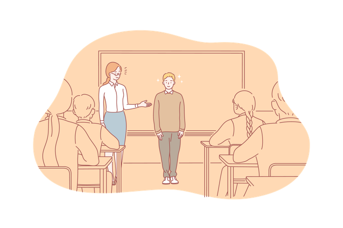 Teacher is inviting student to come near blackboard  Illustration