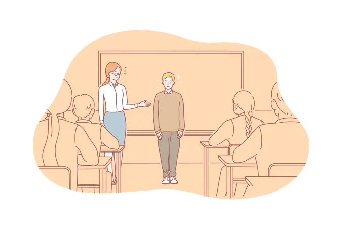 Teacher is inviting student to come near blackboard  Illustration