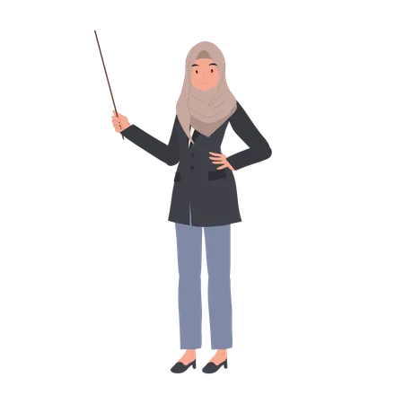 Confident Muslim Businesswoman Or Teacher Is Presenting Explaining With Pointer Stick Illustration