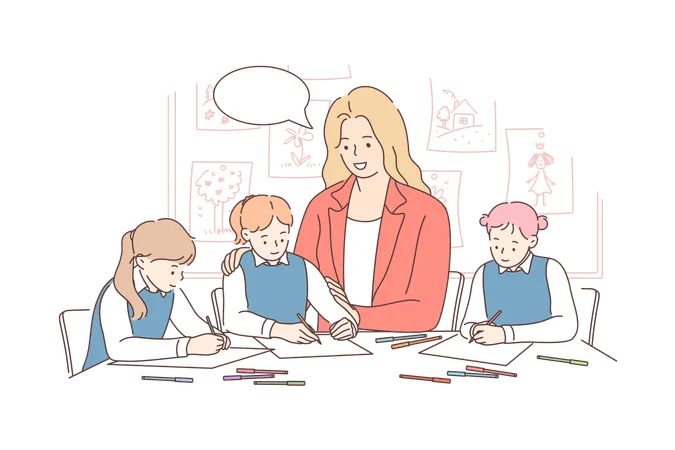 Education Study Learning Lesson Communication Concept Young Smiling Woman Teaching Happy Children Kids Boys Girls In Kindergarten Drawing Pictures Together Educational Process Playing At School Illustration