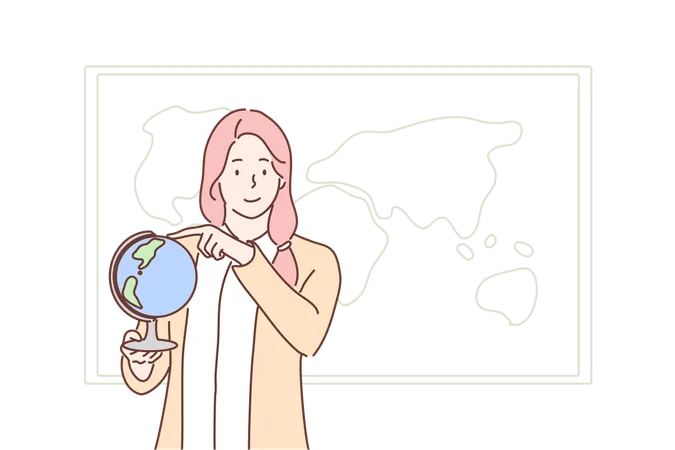 Education Teaching Geography Concept Young Woman Girl Teacher Cartoon Character Stands In Class Holds Globe In Hand Showing Countries Getting Geographical Knowledge And Back To School Illustration Illustration