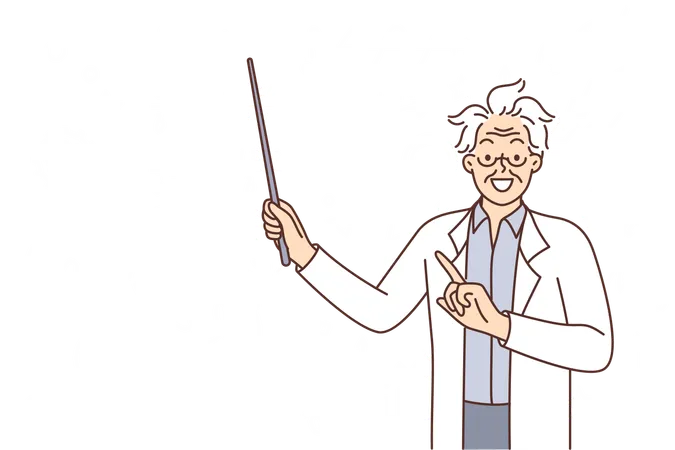 Crazy Scientist Points To Formulas Written On Blackboard And Teaches Children From School Math Crazy Teacher With Shaggy Hair Is Dressed In White Coat And Explains Solution To Problem To Students Illustration