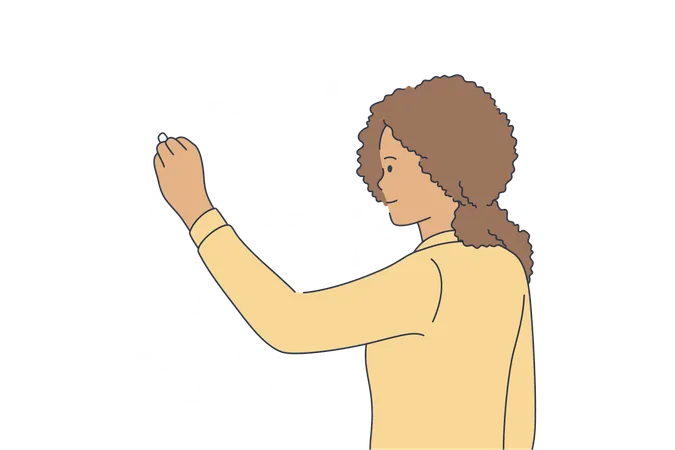 Education School Study Solution Knowledge Concept Young Pensive Thoughtful African American Schoolgirl Child Kid Standing Near Blackboard And Solving Math Equation With Chalk Educational Process Illustration