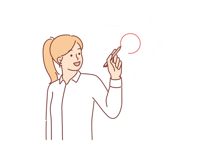 Woman Chooses One Person From Several Drawn On Digital Pad For Concept Social Media Communication Businesswoman Is Engaged In Recruiting And Chooses Personnel For Company Or Works In HR Agency Illustration