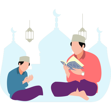 Teacher is teaching Quran to the children  イラスト