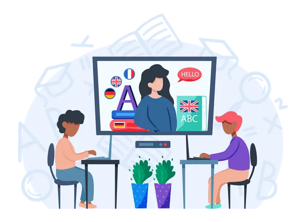 Teacher leads foreign language lesson at computer screen  Illustration