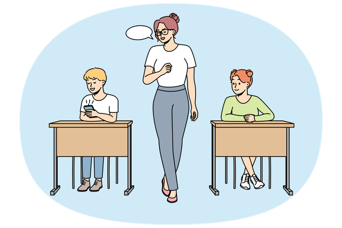 Teacher makes remark to schoolboy looking at cell phone  Illustration