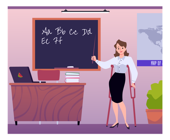 Teacher on crutches teaches a lesson at school handicapped female at workplace  Illustration