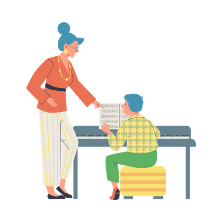 Teacher or mother teaching child to play piano  Illustration