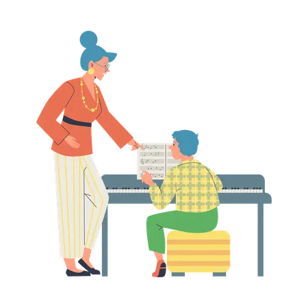 Teacher or mother teaching child to play piano  Illustration
