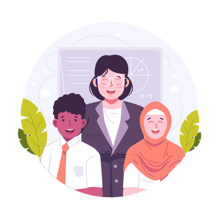 Teacher posing with students on teachers day  Illustration