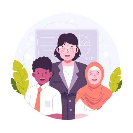 Teacher posing with students on teachers day  Illustration